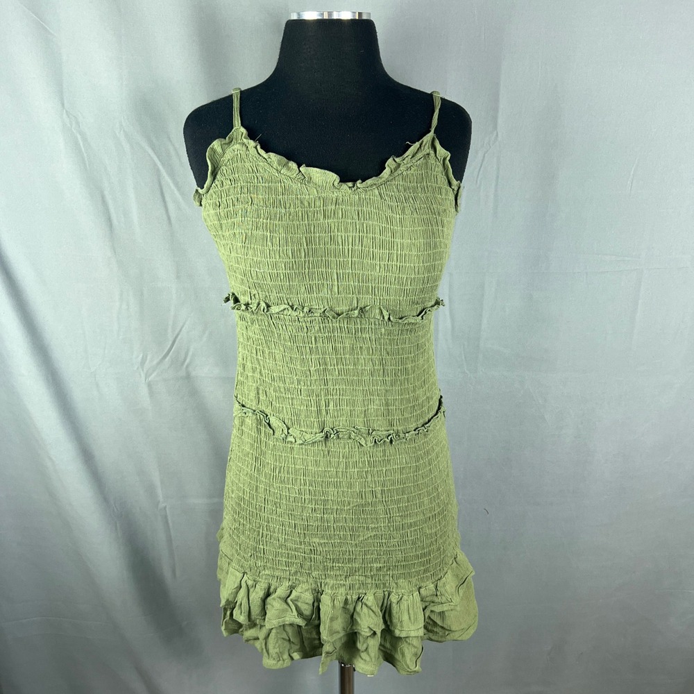 Jessica Simpson Mini Dress Womens S Olive Green Smocked Tiered Spaghetti Strap